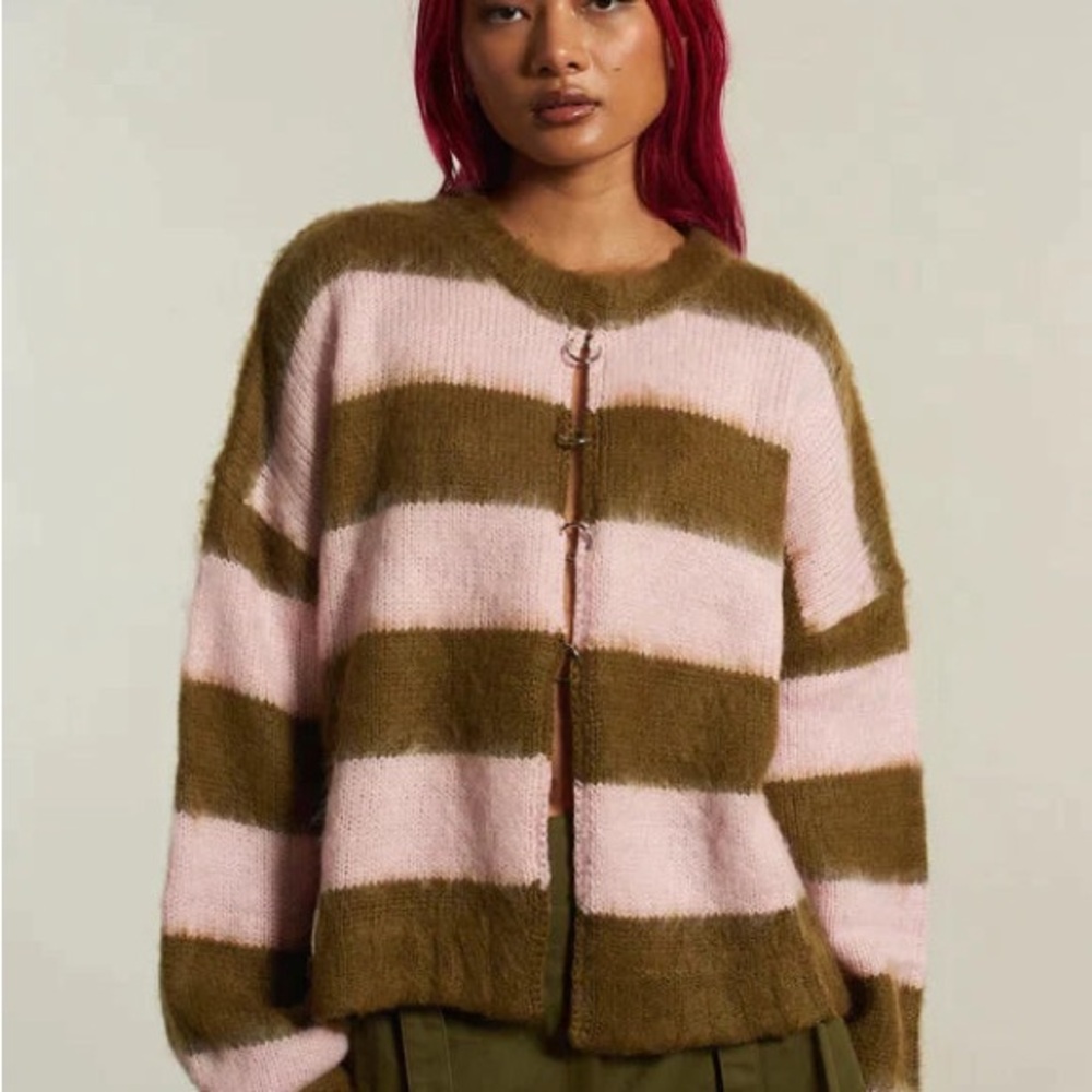 Chunky Striped Cardigan in Pink and Olive size medium.